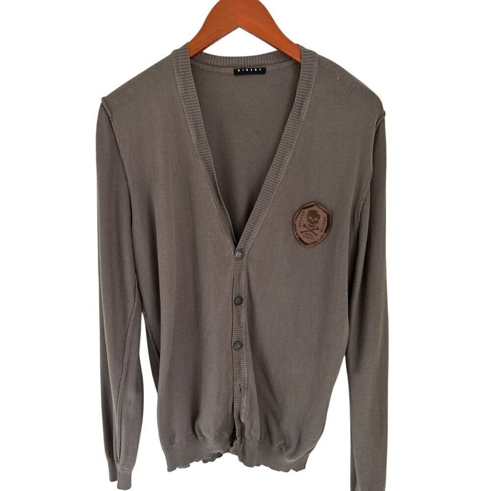 Sisley Mens Brown V-Neck Button-Up Cardigan Sweater With Scull Patch Logo